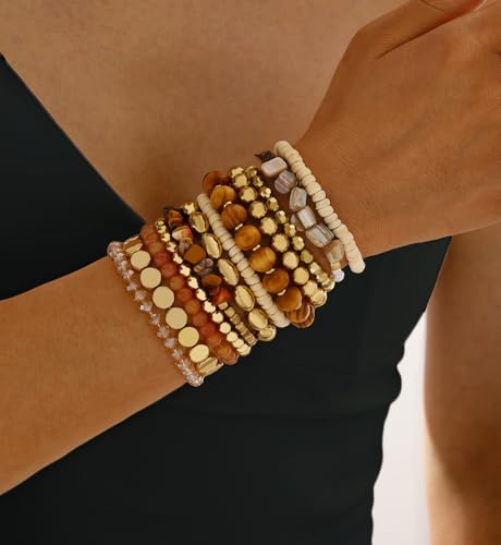 iF YOU 12 Pcs Boho Beaded Bracelets for Women, Brown Orange Bohemian Stackable Gold Bead Stretch Bracelets Stack Jewelry Gift3