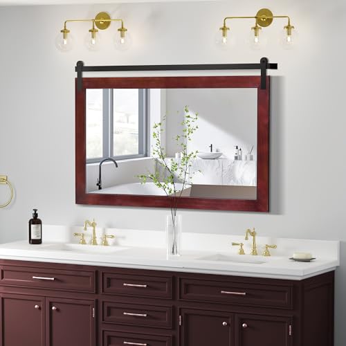 Image of COGOOD Farmhouse Bathroom Mirror - 45 x 30 Rustic Wood Framed Wall Barn Door Mirror for Entryway, Living Room, Entryway Wall Decor (Espresso)
