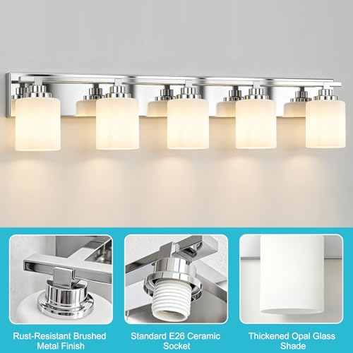 Image of Modern Bathroom Lighting Fixtures Over Mirror, Vanity Lights for Bathroom, Wall Sconces with Milky White Glass Shades, E26 Ceramic Socket, 5-Light 35.4-inch Chrome