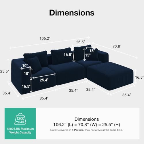 Image of Novilla 106 inch Modular Sectional Sofa, L Shape Convertible Sectional Couch, Modern Cloud Design with Smarts Coil Support, Boneless Sectional Couch for Living Room Apartment, No Assembly Required, Blue