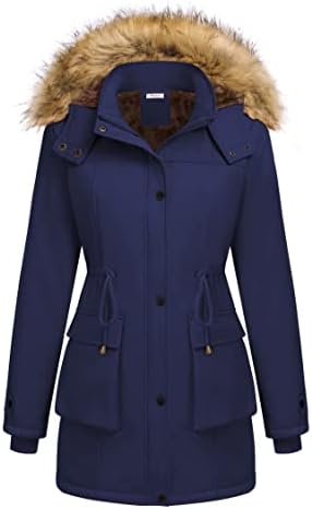 Beyove Women's Winter Thicken Military Parka Jacket Warm Fleece Cotton Coat with Fur Hood Windproof, Navy Blue X-Large