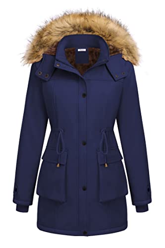 Beyove Women's Winter Thicken Military Parka Jacket Warm Fleece Cotton Coat With Fur Hood Windproof, Navy Blue X-Large #TOP14