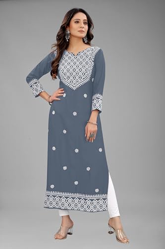 Image of Women's Rayon Embroidered Straight Kurti Under 499 Designer Attractive Look Women's Kurta