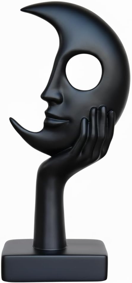 Abstract Face Sculpture, White Matte Finish, Modern Tabletop Statue with Hand on Chin, Freestanding Home Decor