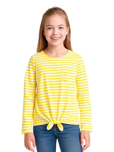 HILEELANG Girls Long Sleeve T-Shirt – Yellow Striped Cotton Stretch Pocket Tee with Tie Front, Fall Winter Top for Ages 14