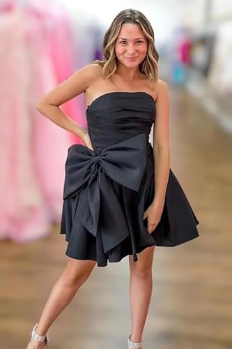 Strapless Short Homecoming Dresses for Teens Ruched Bodice A Line Corset Back Satin Wedding Dress with Big Bow4