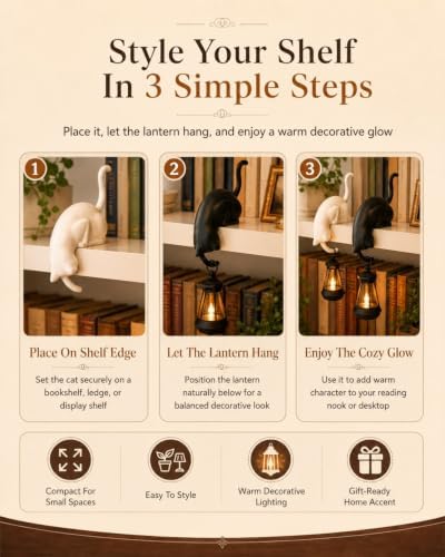 Cat Shelf Hook with Vintage Lantern, Bookshelf Decor, 6.5 X 3.23 In — view 5