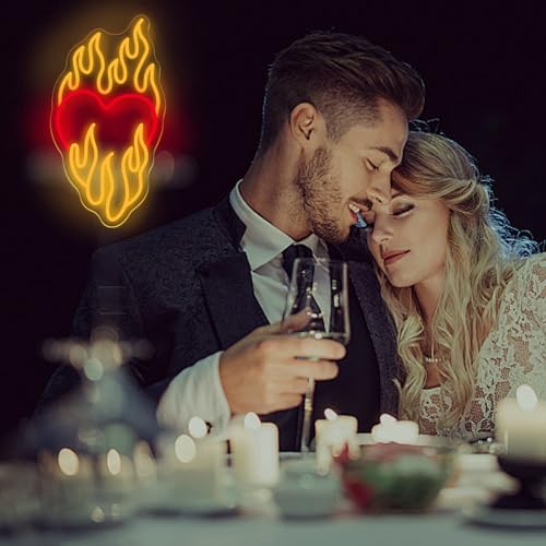 Image of Heart With Fire Neon Sign, Love Neon Light, Party Sign, Burning Heart Neon, Valentines Day Gift Home Wall Decor Room Decoration, 16.1 inchx8.6 inch