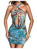 SHENHE Women's Sexy Halter Deep V Plunge Open Back O Ring Chain Ruched Bodycon Mini Dress Blue Small