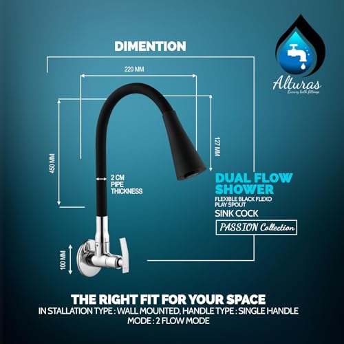 Image of ALTURAS Dual Flow Black Kitchen Sink Cock with 360 Degree Swivel Spout | Kitchen Sink Tap | Kitchen Faucet | Tap for Kitchen (Passion)