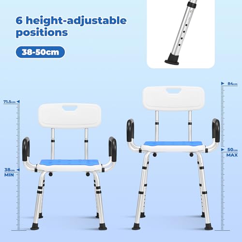 Careboda Duschhocker für senioren,Duschstuhl mit Armlehnen und Rückenlehne,Badhocker 136KG,Hocker höhenverstellbar,bis 136KG,Badestuhl für Senioren