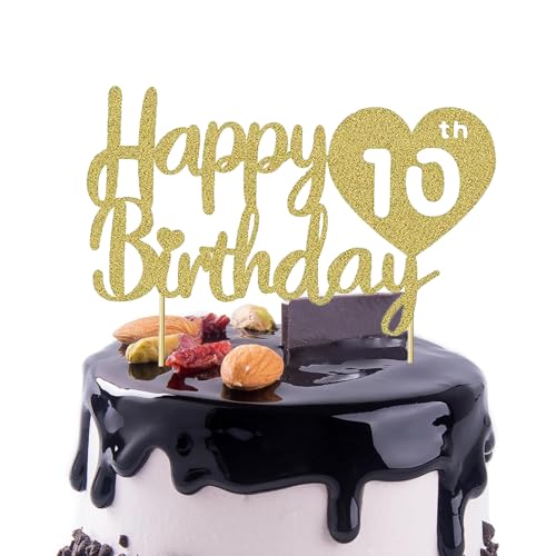 Gleemix 1 decoración para tarta de cumpleaños Happy 10th Birthday Cake Topper, Glitter para 10 cumpleaños, 10 Happy Birthday decoración para tartas cruzadas, 10 velas de cumpleaños, decoración para