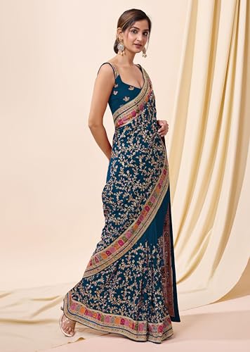 Image of TRENDMALLS Women's Vichitra Silk Heavy Embroidery With Siroski Stone Work Saree with Unstitch Blouse Piece For Women