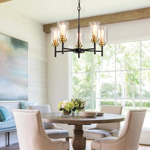 HOXIYA DIMMABLE PRE-Wired Plug in Chandelier with Clear Glass Shade Cord, 5 Light Modern Island Farmhouse Light Fixture, Black and Gold Pendant Ceiling Hanging Lighting for Dining Room by HOXIYA - Image 7