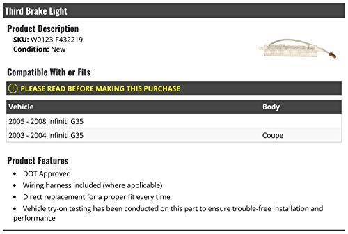 Marketplace Auto Parts, 3rd Third Brake Light Lens - Compatible with 2003-2008 Infiniti G35 Coupe