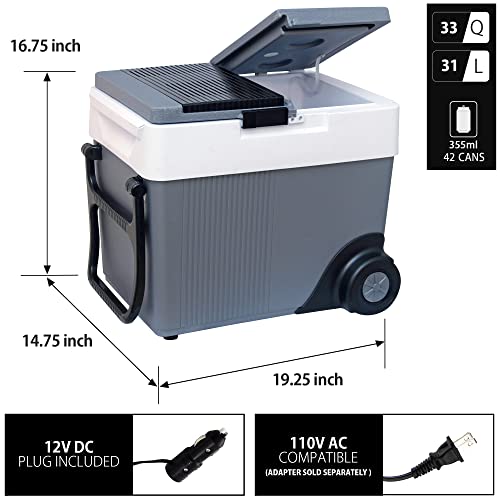 Koolatron Thermoelectric Iceless 12V Cooler/Warmer 33 Qt (31 L) W/Wheels, Portable Electric Rolling Car Fridge W/ 12 Volt Dc Power Cord, Grey/White, Travel Road Trips Camping, Made In North America #TOP6