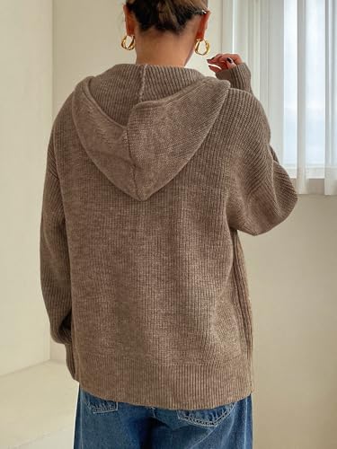 Image of SOLY HUX Zip Up Cardigan for Women Hooded Cardigan Sweater Knitted Drop Shoulder Fall Clothes Winter Hoodies Outerwear Plain Coffee Small