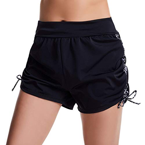 KEEPRONE Women's Board Short UPF 50+ Swim Shorts Drawstring Stretch Swimsuit Bottoms Beach Trunks Black