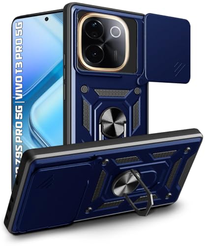 Image of WOW IMAGINE Tough Armor Bumper Mobile Back Case for iQOO Z9s Pro 5G | Vivo T3 Pro 5G | Sliding Camera Shield Cover | Shock Proof 360 Protection | Hybrid PC + TPU | Ring Holder with Kickstand - Blue