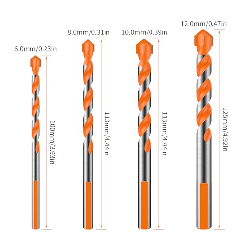 Masonry Drill Bits Set for Concrete, Tile, Brick, Glass and Wood, 4 Pcs (6/8/10/12mm) Tungsten Carbide Multi-Purpose Drill Bit, 120° Precision Tip with Anti-Slip Shank for Cordless & Bench Drills by XIELAOBAN - Image 2