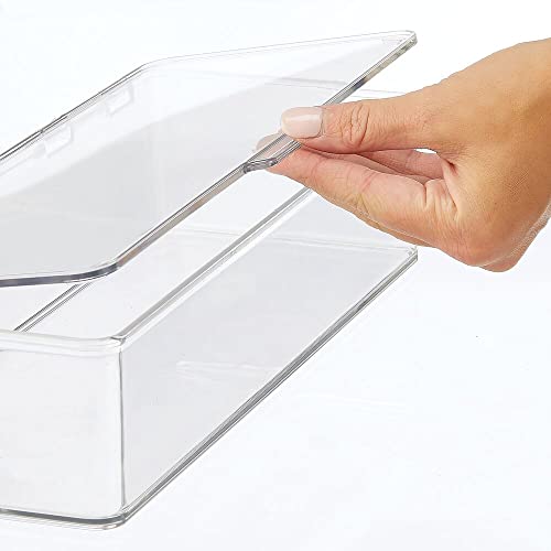 mDesign Plastic Stackable Plastic Bathroom Vanity Countertop Storage Cosmetic Organizer Box with Hinged Lid for Makeup, Beauty, Hair, Nail Supplies - Pack of 2, Includes 32 Labels - Clear