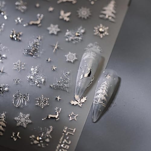 Christmas Silver Nail Stickers Snowflake Nail Art Decals 5D Embossed Self Adhesive Rhinestone with Design Christmas Tree Nail Decals for Nails Art Reindeer Nails Supplies for Women DIY Manicure