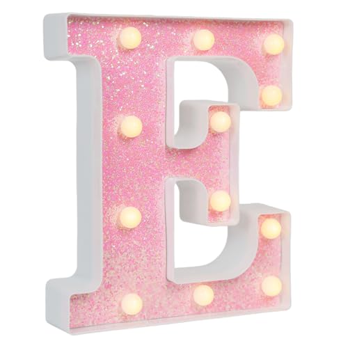 Image of Pink Glitter Marquee Light Up Letters, Battery Operated LED Letter Lights Signs for Pink Birthday Party Table Decorations, Wall Decor for Girls Bedroom, Initial Letter E with Warm White Lights