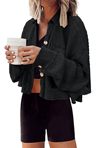 Image of Panadila Women's Cropped Waffle Knit Shacket Short Button Down Jacket Batwing Sleeve Shirts with Pocket