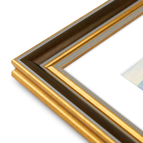 Image of Golden State Art,9x12 Ornate Picture Frame Holds 6x8 Photo,Brown Gold | Includes real glass front,white mat,build-in hangers and buttons.Displays 6x8 photo on wall