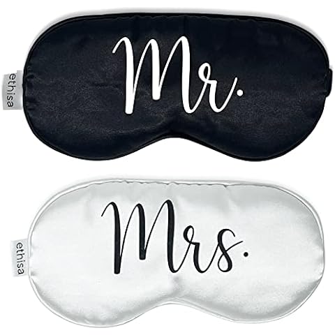 Ethisa Mr and Mrs Sleep Mask - Blindfold Wedding Games for Reception - Groom and Bride Eye Mask for Couples - Wedding Night Bride to Be Sleep Mask - Honeymoon Just Married Black and White Gift Set Cover