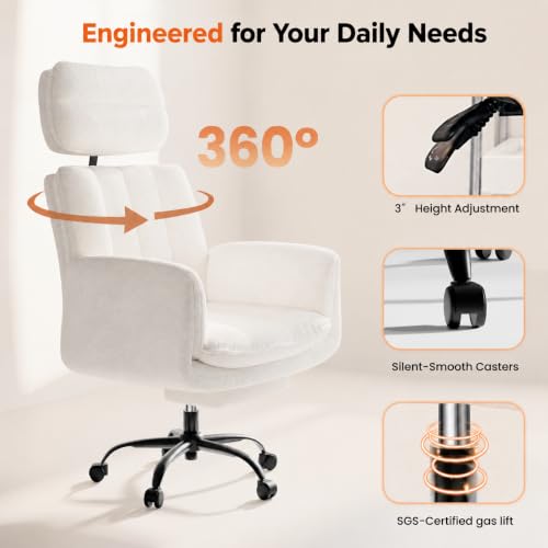 Image of Big and Tall Office Chair, Flip Armrests for Pets & Cross Legged Sitting | Executive Ergonomic Computer Gaming Chair with Foot Rest, Teddy Fleece Wide Seat Reclining Desk Chair, White Vanity Chair