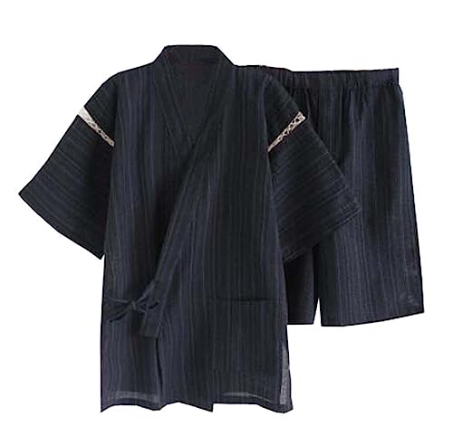 Men's Kimono Japanese Jinbei Shirt and Pant Cotton Linen Loungewear Lounge Set Spa Bathrobe, Style 2 Multicolor