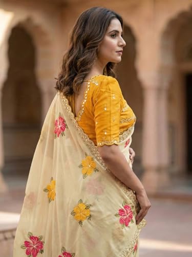 Image of SIRIL Women's Embroidery, Mirror Work, Scalloped Border Shimmer Georgette Saree With Unstitched Blouse Piece