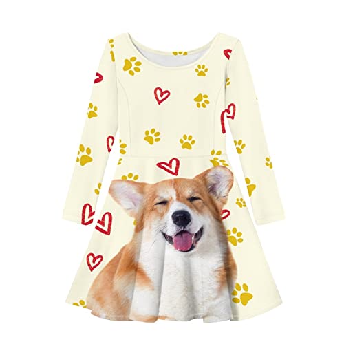 Long Sleeve Girls Skater Dress Funny Cat Dog Print Cute Swing A Line T Shirt Dresses