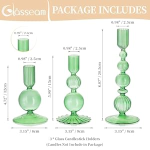 Glasseam Green Glass Candle Holder Set of 3 Candle Stick Holders for Taper Candlesticks Modern Candle Holders for Candlesticks Unique Tapered Candlestick Holders for Table Centerpiece Home Decor Gift