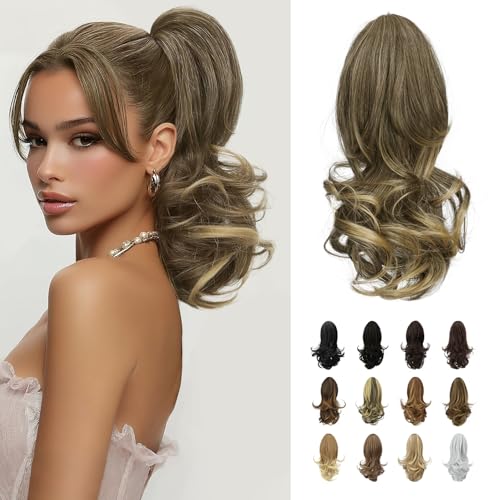 SOFEIYAN 13" Ponytail Extension Long Curly Ponytail Clip in Claw Hair Extension Natural Looking Synthetic Hairpiece for Women, Ash Brown to Blonde