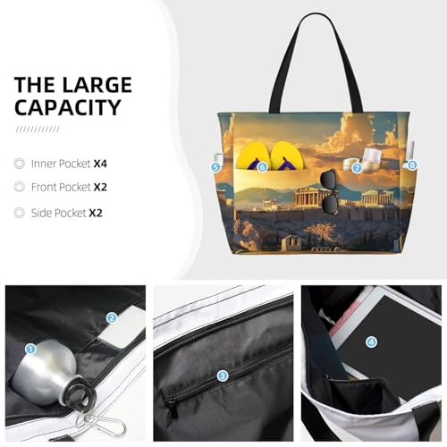 Beach Bags For Women Large Waterproof Sandproof Beach Tote Bag Lightweight Zipper Carry On Bag Acropolis Cityscape Skyline Pool Bag For Gym Travel Vocation3