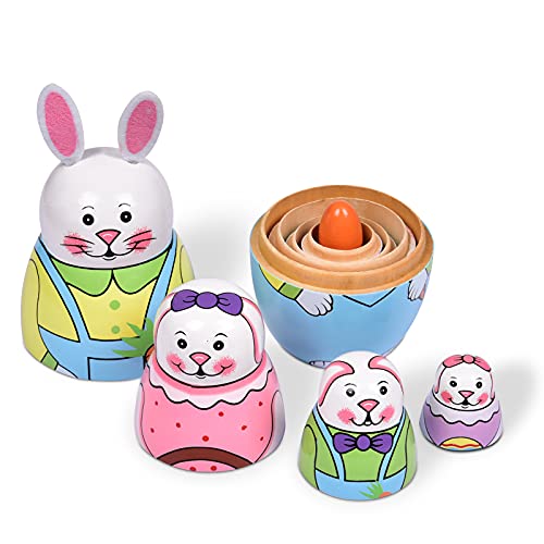 Hysiguan Easter Bunny, Handmade Easter Wooden Toys For Toddlers, 5 Pcs Russian Nesting Dolls, Special Easter Eggs Decoration For Home, Gifts, Table, Bedroom, Kitchen (Rabbit) #TOP4