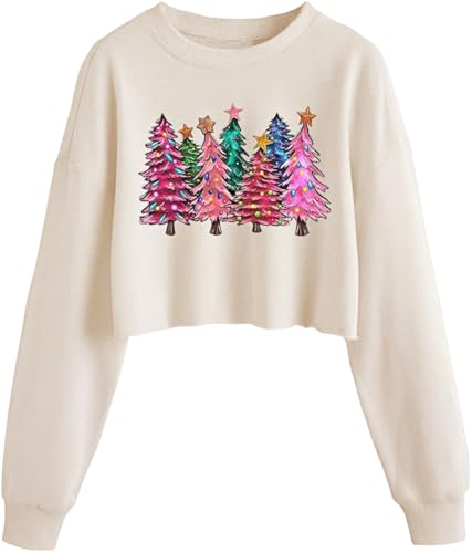 ZKDOO Womens Colorful Christmas Tree Graphic Crop Sweatshirt，Beige-5，S