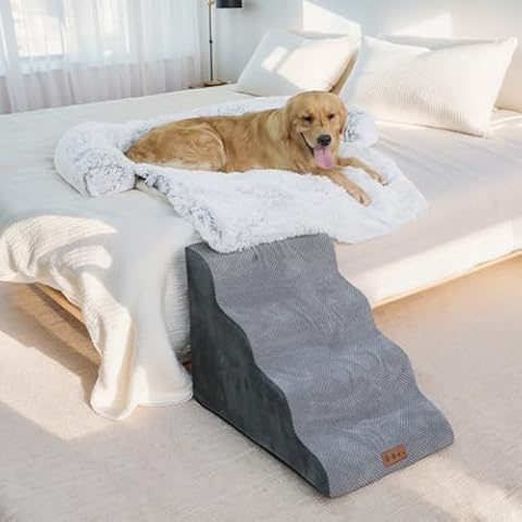 GGIB 4-Step Dog Stairs and Large Calming Dog Bed Fluffy Plush Dog Mat for Sofa, High Bed Pet Steps for Small Dogs with Removable Washable Cover, Grey Cover