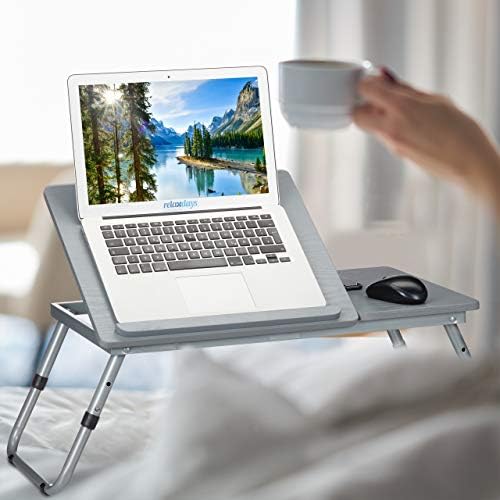 Relaxdays Stolik pod laptopa z regulacją wysokości, składany, pochylana powierzchnia robocza, stolik do łóżka, do laptopa, MDF, 44 x 73 x 34,5 cm, szary, 1 sztuka