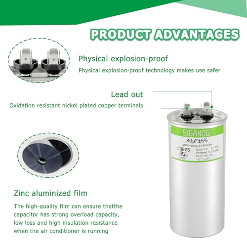 SIGANDG 80uF 80 MFD 370V or 450V CBB65 Run Start Capacitor 80 uF 370 450 Volt VAC for Condenser Straight Cool or Heat Pump Air Conditioner - Thumbnail 4