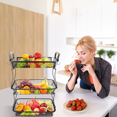 LANTUS Panier à fruits à 3 niveaux avec 2 cintres pour bananes, panier en maille métallique, support de fruits pour oignons, collations et légumes, 37 * 22 * 55,5 cm - Noir – vue 3