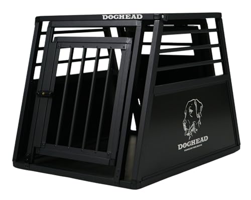 DOGHEAD Hundetransportbox Proline, Single 65x80x63 cm, Schwarz, Aluminium, Beidseitig Abgeschrägt 75°, mit Notausstieg