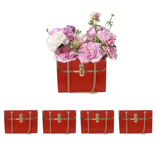 Wazoci 4pcs Paper Flower Bags for Bouquets, Flower Boxes for Arrangements, Paper Flower Gift Bags with Handles Florist Supplies for Weddings Mother's Day (Red)
