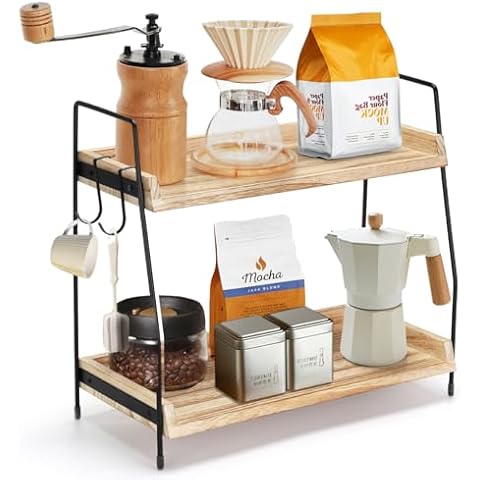 Honlibey 2 Tier Coffee Bar Organizer for Countertop, Wooden Coffee Station Organizer with 2 Cup Hooks, Countertop Organizer for Bathroom, Kitchen, Coffee Bar, Holiday Decorations Cover