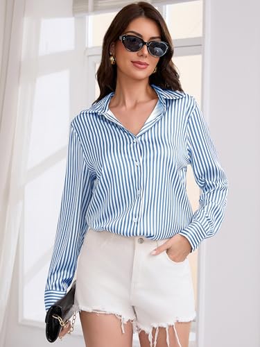 Image of Premium Soft Breathable Stretch Satin Silk Button Down Shirts for Women Long Sleeve Leopard Blouses Work Dress Tops