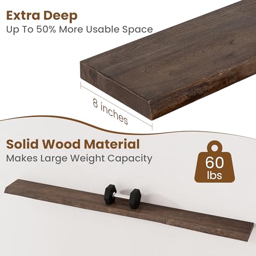 Image of Floating Shelves for Wall Decor, Rustic Solid Elm Wood Live Edge Floating Shelves Wall Mounted, Wall Shelves with Invisible Bracket for Living Room Bathroom Bedroom Kitchen, 72 Inch, Walnut
