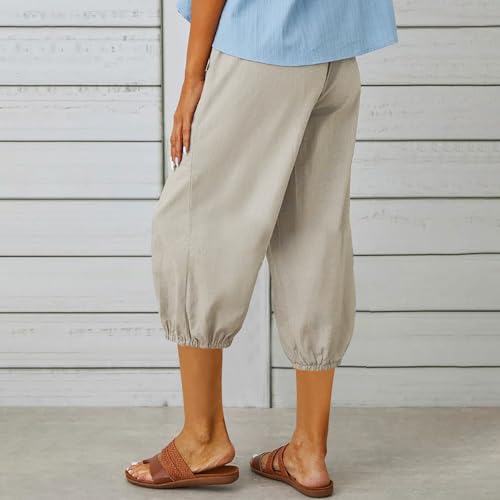 Capris Pants for Women Cotton Linen Casual Summer Pants Plus Size Drawstring Elastic Slacks Pocket Beach Clothes3