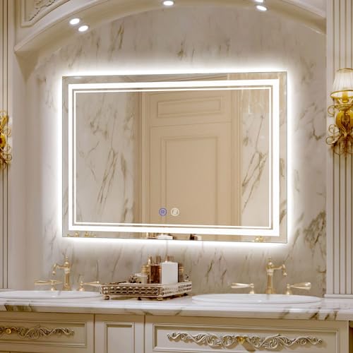 SaniteModar LED Bathroom Mirror, Led mirror 48x 32 inch Anti Fog, Dimmable 3 Color Lighted Bathroom Mirror, Waterproof Led Vanity Mirrors, Horizontal/Vertical…